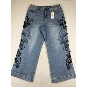 Tribal‎ Jeans Brooke High Rise Girlfriend Wide Embroidered Ankle Jeans 16 Blue